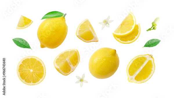 Obraz Lemon has water drop with lemon slices and flower pattern isolated on white background. Clipping path.