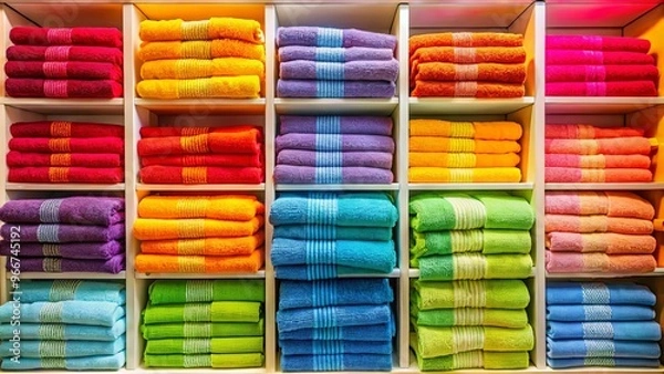 Fototapeta Vibrant multicolour towel rolls stacked neatly on a shelf