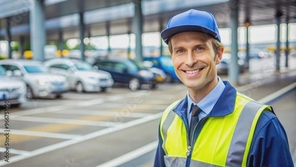 Fototapeta Cheerful parking attendant assisting customers with a smile , happy, helpful, smiling, parking lot, car, service