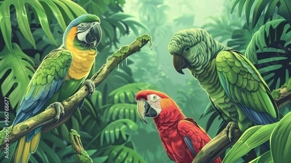 Fototapeta Three Parrots in a Tropical Rainforest.