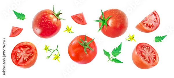 Fototapeta Tomato has water drop with slices and flower isolated on white background. tomato pattern concept. clipping path.