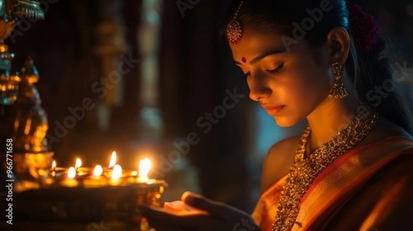 Fototapeta A woman dressed in traditional attire lighting a candle in front of a shrine at a temple, her face illuminated by the warm glow, representing faith and tradition.