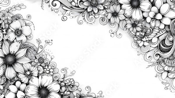 Fototapeta doodle abstract flower white and black on white background with copy space