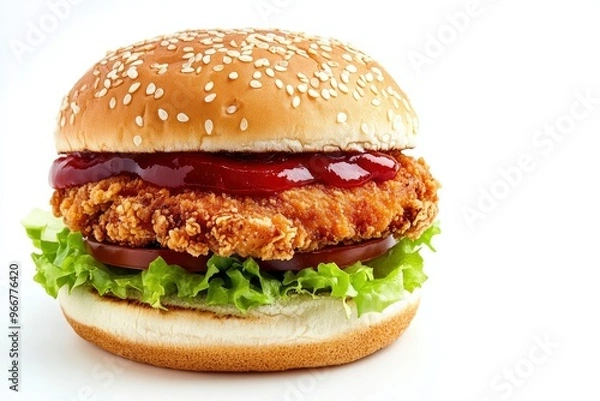 Fototapeta Delicious chicken burger, double burger with crispy chicken meat, salad and sauce isolated on white background , ai