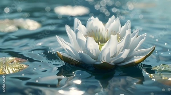 Fototapeta a serene lotus flower, with its petals gracefully unfolding above a calm water surface, reflecting the beauty of the bloom
