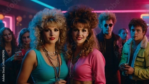 Obraz Retro party in colorful 1980s nightclub with fashionable friends enjoying a night out together
