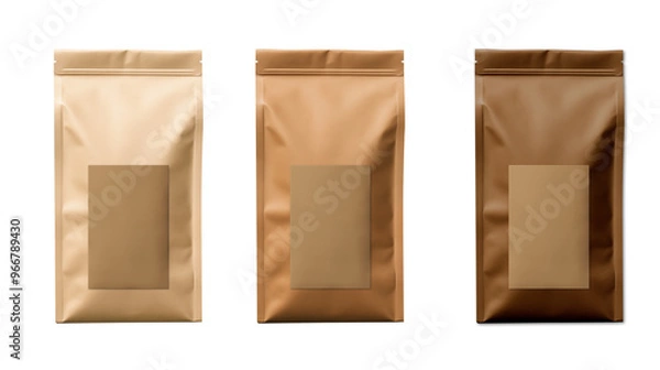 Obraz Zip bag - blank mockup template. Brown kraft paper texture. Sachet pouch for coffee, candy, shack or nuts. Zipper food bag. Front view. Generative AI.