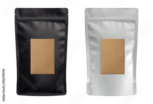 Fototapeta White and black stand-up pouch bags. Blank brown kraft paper pack coffee beans advertising copy space. Front view. Generative AI.