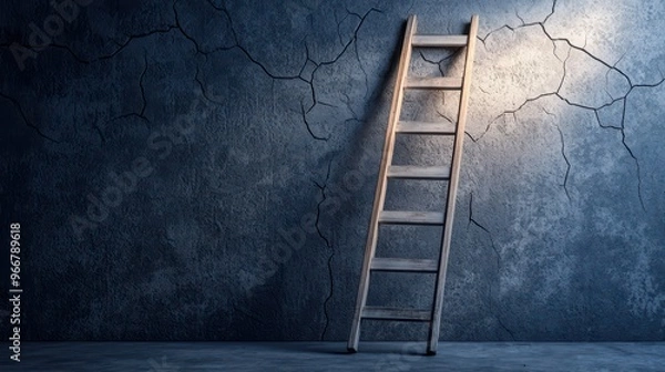 Fototapeta Wooden Ladder Leaning Against Cracked Concrete Wall in Dimly Lit Room with Dramatic Shadows
