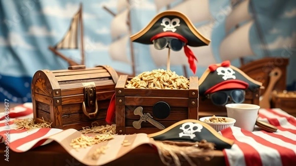 Obraz Pirate-themed party setup with treasure chest, snacks, and playful decorations on a striped tablecloth