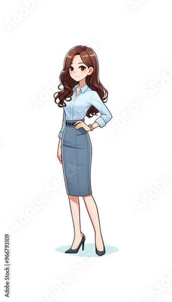 Fototapeta Beautiful brunette businesswoman in a stylish suit smiles confidently while standing in a studio