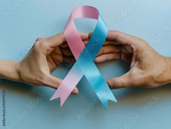 Fototapeta Two hands gently placing a "Cancer Fighter" ribbon on a clean desk, symbolizing resilience. The background is bright and sterile, with a minimalistic focus on the ribbon.