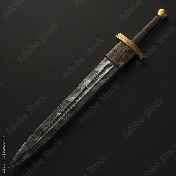 Obraz Short Sword with Brass Guard and Leather Handle
