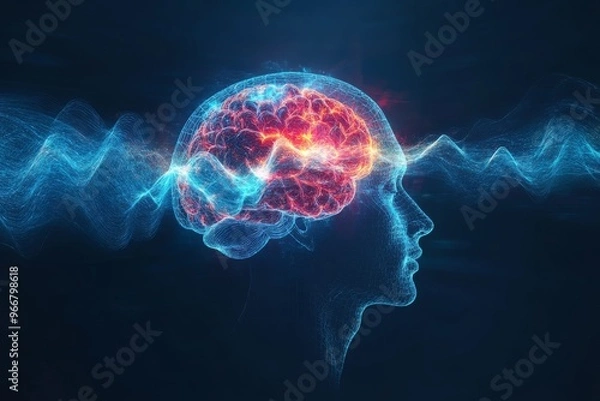 Fototapeta Mental projection digital mind and glowing neural digital brain emitting neural waves symbolizing artificial intelligence and thought energy