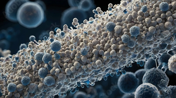 Fototapeta Microscopic Invasion: A 3D render of a chain of bacteria or viruses, potentially representing disease, infection, or the microbiome. 