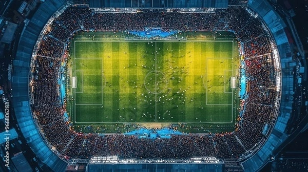 Fototapeta An overhead drone shot of a football match in progress, showing the entire field, players in motion, and the crowd in the stands, high resolution