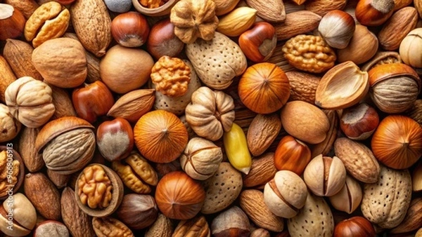 Fototapeta A mouthwatering mound of nuts, delicately displayed in their natural shells, invites curiosity and inquiry, its crunchy