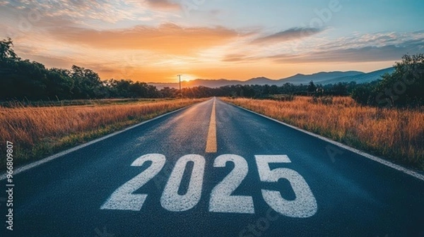 Fototapeta In the middle of an empty asphalt road, there is a huge number "2025" written on it in white paint, with a beautiful sky at sunset in the summertime