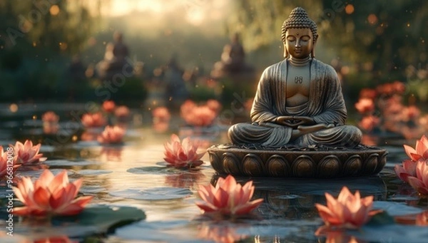 Fototapeta Peaceful Buddha Statue in a Pond Surrounded by Lotus Flowers