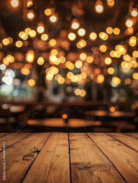 Fototapeta Image of wooden table in front of abstract blurred restaurant lights background - ai
