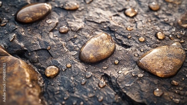 Fototapeta Closeup of Water Drops on a Rough, Dark Stone Surface