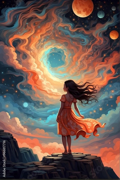 Obraz Dreamy Celestial Night: A Girl Gazing into the Cosmos