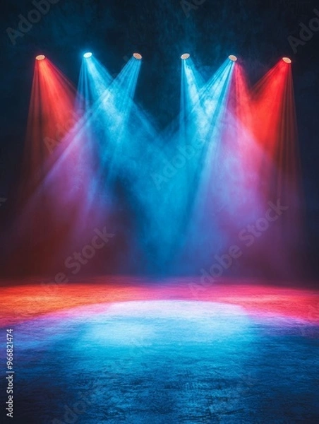 Obraz Empty stage with colorful spotlights. Scene lighting effects - ai