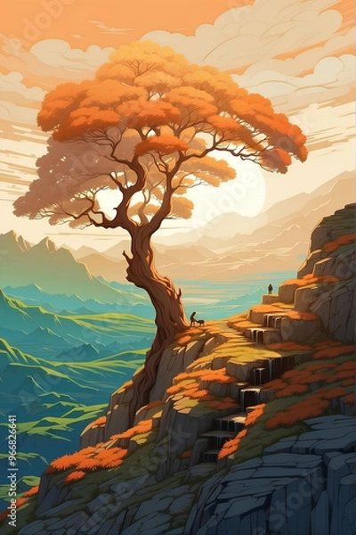 Obraz Serene Mountain Landscape with Tree at Sunset – Digital Art