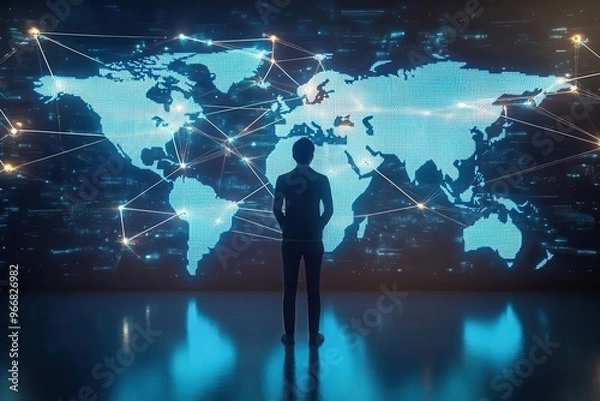 Fototapeta A person stands in front of a digital world map, representing global connectivity and technological advancement.