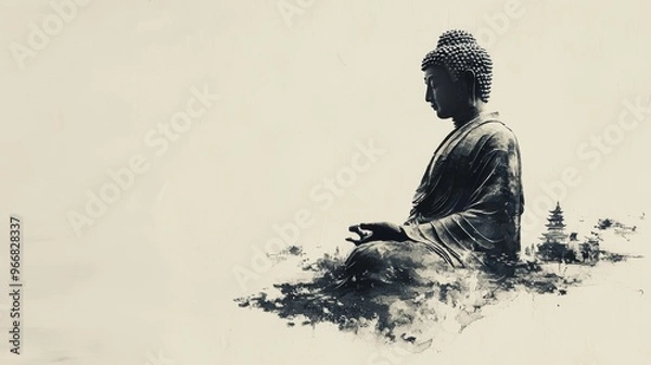 Fototapeta minimalism zen style of Ink painting in old Japanese style, sharp cut with fast stroke of Thai Buddha on paper