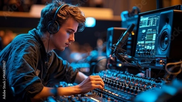 Fototapeta Audiovisual technician setting up equipment for a school event, adjusting microphones and projectors, dynamic lighting, high detail on equipment.