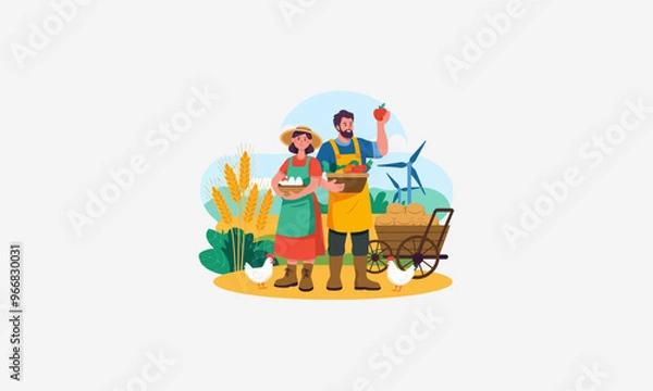 Fototapeta A farming couple with produce baskets and wind turbines background.
