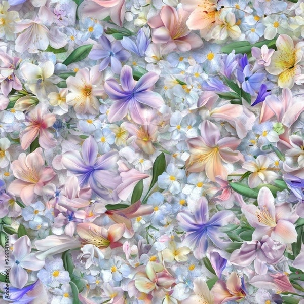 Fototapeta A vibrant arrangement of various flowers in soft colors, creating a floral pattern.