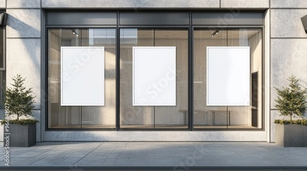 Fototapeta Illustration of the exterior of an office or shop building with a white mock-up poster hanging in the window. Ai generated image