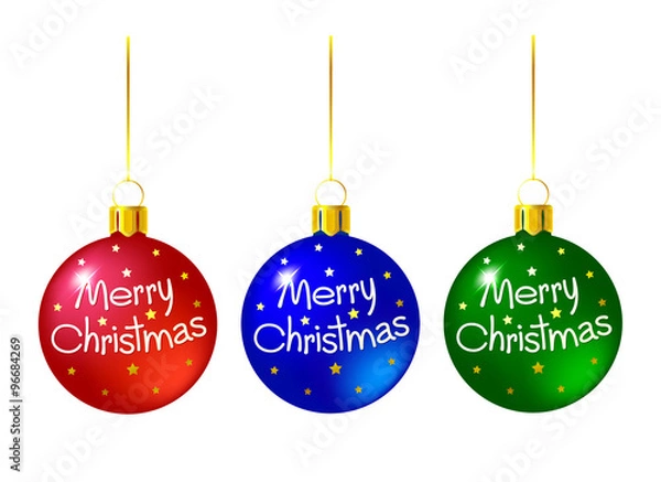 Fototapeta Set of colored Christmas balls with a wish of Merry Christmas