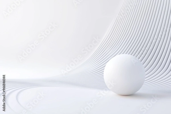 Fototapeta A minimalist white scene featuring a smooth sphere on a wavy surface, creating a serene and modern aesthetic.