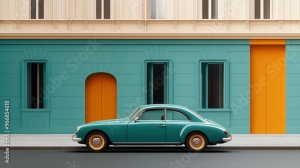 Fototapeta A vintage car with teal paint parked on a street against a vibrant teal and orange building facade, creating a retro urban scene.