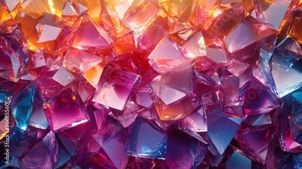 Fototapeta Close-up of a cluster of colorful, iridescent, faceted crystals.