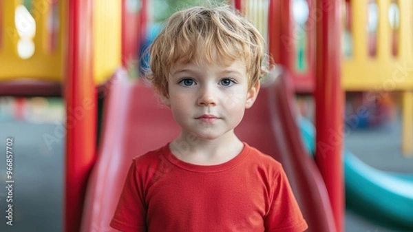 Fototapeta A cute child standing confidently in front of a playground slide, showcasing innocence and joy in vibrant colors.