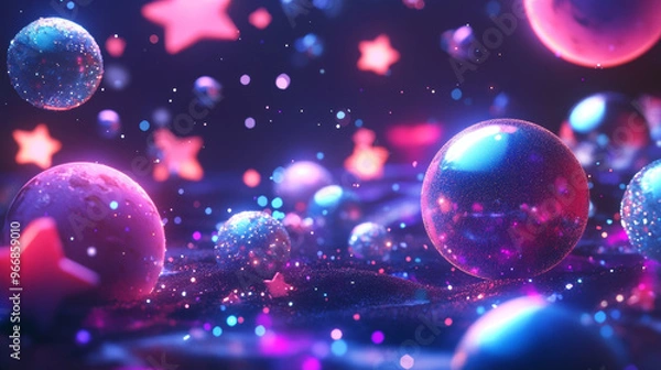 Fototapeta A cool, futuristic scene with glowing stars, planets, and sparkly objects. It's set against a dark background with a 3D style, like a cyberpunk galaxy emoji.