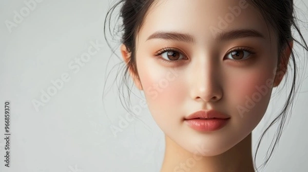 Fototapeta A Japanese woman poses elegantly with a soft expression, showcasing flawless skin illuminated by gentle lighting, emphasizing her natural beauty and tranquility
