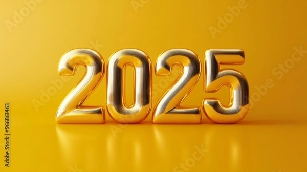 Fototapeta The shiny gold numbers representing 2025 stand out against a vivid yellow backdrop, reflecting light and creating an eye-catching display of new beginnings
