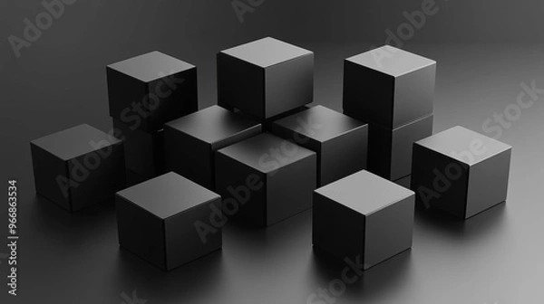 Fototapeta A set of black cubes arranged in a perspective view against a gray background.  A 3D box rotates, showing realistic lighting and shadows. This illustration uses basic geometric shapes.