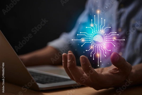 Fototapeta Blue Magenta Ai Artificial Intelligence Technology Concept. Brain and Circuit Line Ai Artificial Intelligence Icon on Businessman's Hand work With Laptop Computer