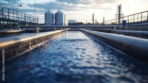 Obraz The wide-angle perspective reveals a large wastewater treatment facility with filtration pools and pipelines, reflecting the complexity of industrial water management during the afternoon