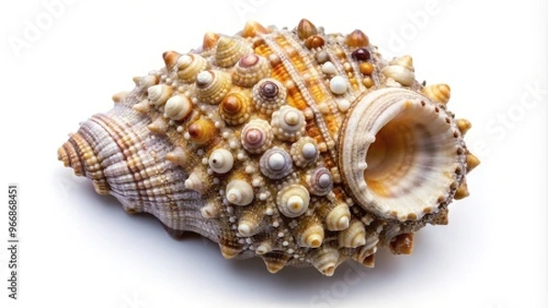Fototapeta Seashell with barnacles isolated on white background, bird's eye view