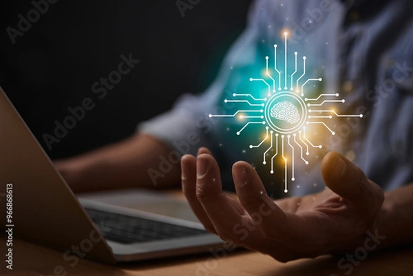 Fototapeta Turquoise Yellow Ai Artificial Intelligence Technology Concept. Brain and Circuit Line Ai Artificial Intelligence Icon on Businessman's Hand work With Laptop Computer