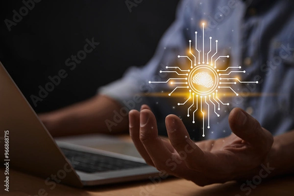 Fototapeta Yellow Ai Artificial Intelligence Technology Concept. Brain and Circuit Line Ai Artificial Intelligence Icon on Businessman's Hand work With Laptop Computer