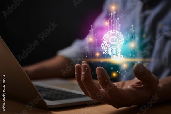 Fototapeta Magenta Turquoise Ai Artificial Intelligence Technology Head Concept. Gear and Circuit Line Ai Artificial Intelligence Icon on Businessman's Hand work With Laptop Computer