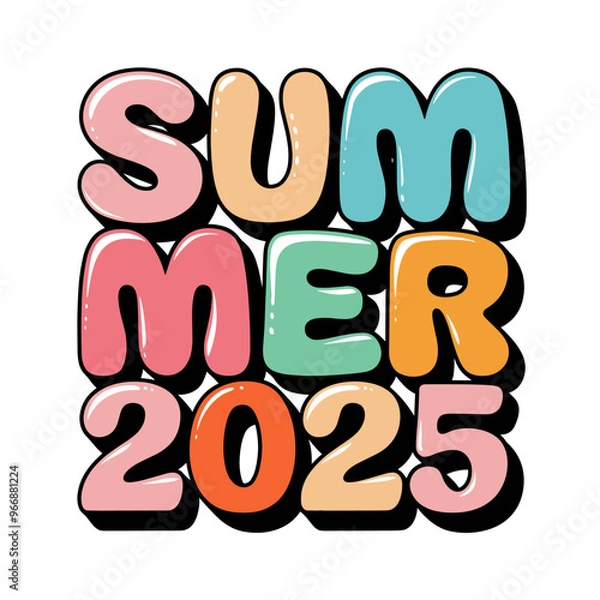 Fototapeta Colorful "Summer 2025" vector text illustration in playful style for design